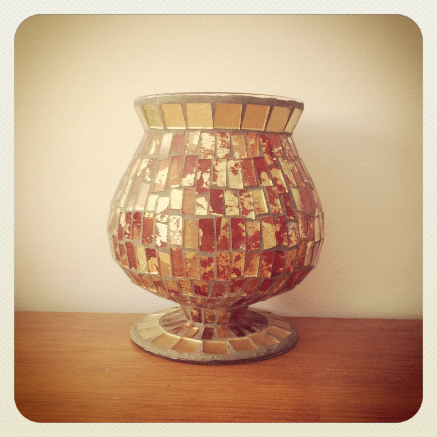 Red and Gold Glass Mosaic Candle Holder by LillyQueenVintage