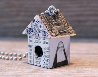 Funky Bigger Little BirdHouse House Necklace Charm Pendant Keychain - Like Nun Other - Art By Heather - Ready To Ship