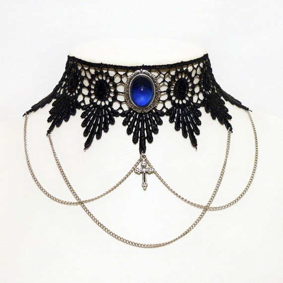 Gothic choker steampunk necklace - Chains, cross and ornate Sapphire blue pendant - LUCRETIA in Sapphire blue by DarkEleganceDesigns steampunk buy now online