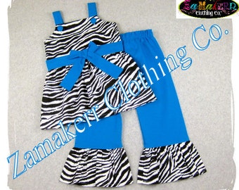 Girl Zebra Outfit - Custom Boutique Girl Clothes Ruffle Pant Set 3 6 9 12 18 24 month size 2T 2 3T 3 4T 4 5T 5 6 7 8