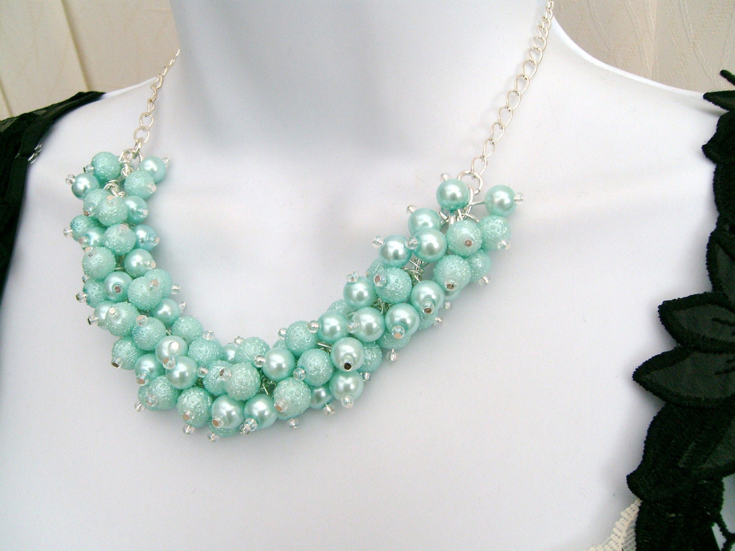 Mint Green Pearl Beaded Necklace Bridesmaid Necklace Chunky