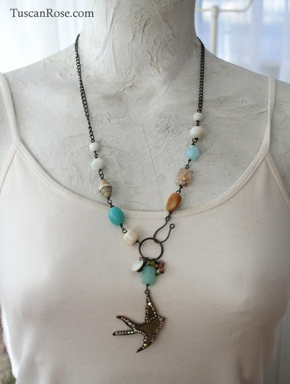 ON SALE Rhinestone Bird Beaded Necklace romantic gypsy