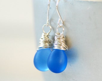 Cornflower Blue Glass Earrings, Periwinkle Blue, Blue Wedding, Frosted Glass Earrings, Wrapped Sterling Silver