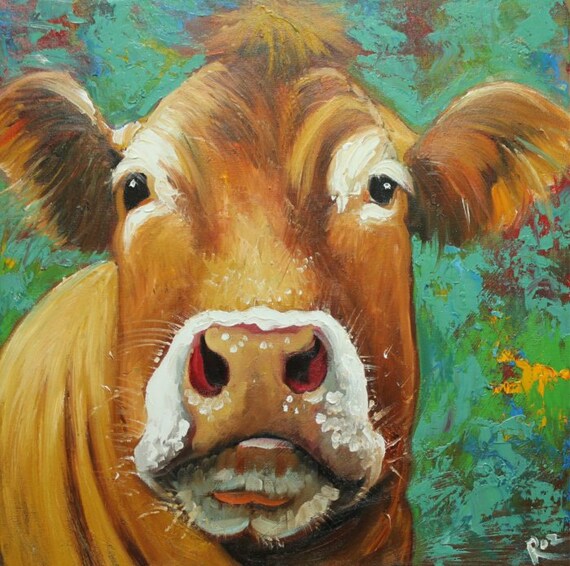 Cow painting 526 18x18 inch original animal portrait oil by RozArt