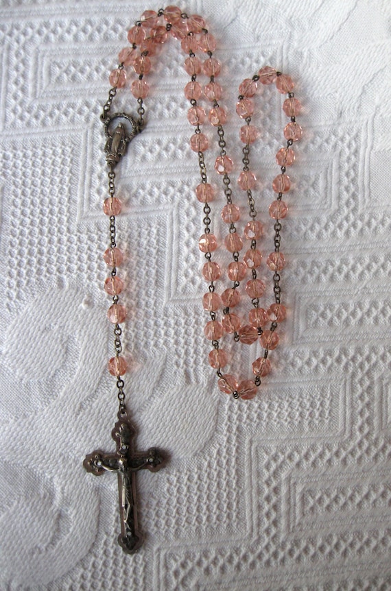 Vintage Glass Rosary Peach Pink Glass Beads Signed Italy