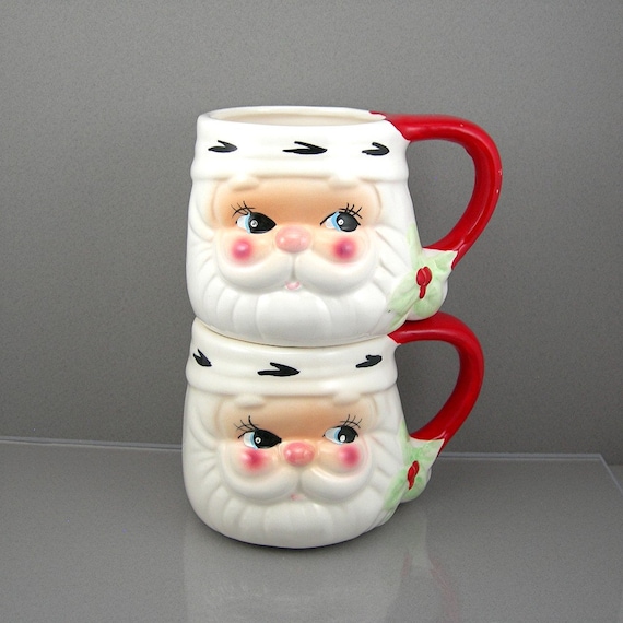 Vintage Christmas Mugs Santa Head 12 oz. Cups Set of 2 Made of