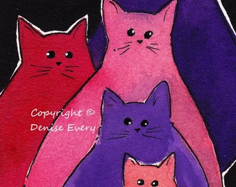 Abstract Kitties Pink Purple Hues Cat Art ACEO Original Painting ATC