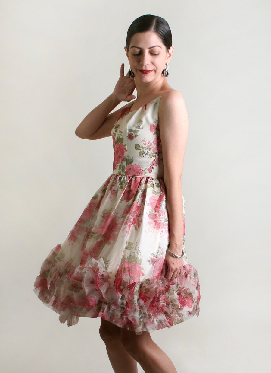 1960s Rose Dress Vintage Flower Girl Mini Party Dress XXS