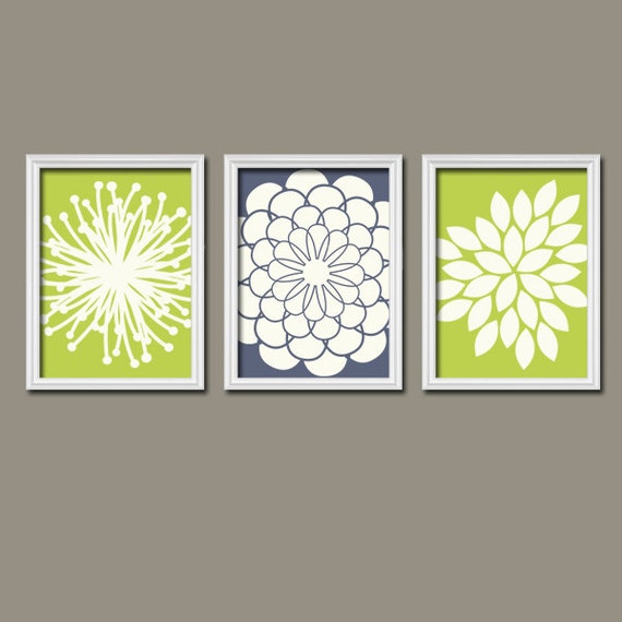 Wall Art Canvas Artwork Lime Green Navy Ivory Flower Burst Dahlia Bloom Petals  Set of 3 Trio Prints  Decor   Bedroom Bathroom Three