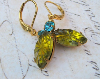 Estate Earrings, Aquamarine and Peridot Glass Dangle Earrings, Vintage Glass Rhinestone Lever Back Earrings, Navette Earrings