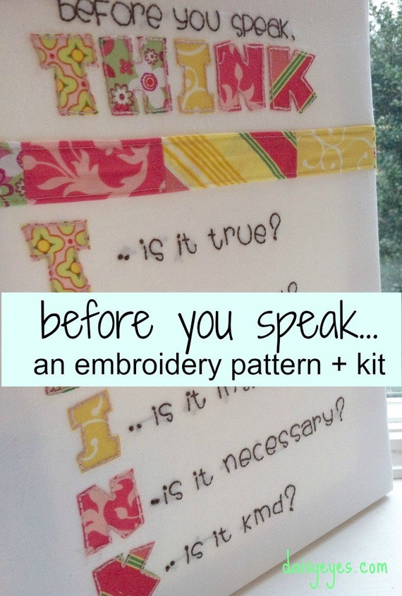 before you speak, think hand embroidery PATTERN and KIT Il_570xn