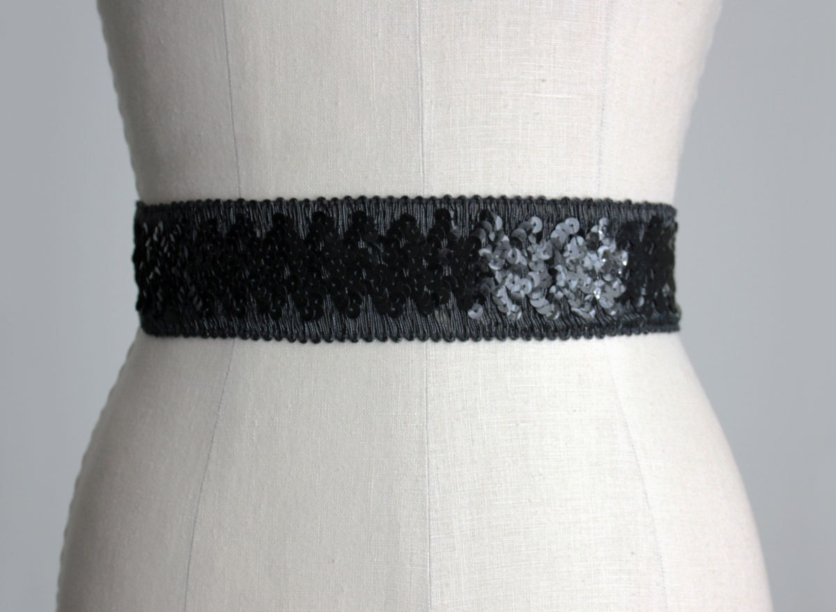 BLACK SEQUIN BELT 1980s Vintage Black Sequin Stretch by decades