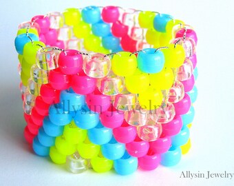 Neon Kandi Cuff Bracelet, ZigZag Raver Plur, Hot Pink, Neon Yellow, Baby Blue Zig Zags
