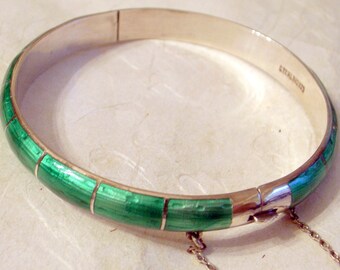 Sterling Enamel Hinged Bangle - SALE -Free US Shipping - Sterling Silver Bangle-Emerald Green Guilloche enamel-safety chain - 7 Inch