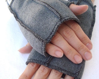 Gray Fingerless Mittens, Recycled Fleece Gloves, size LARGE1, BLACK thread