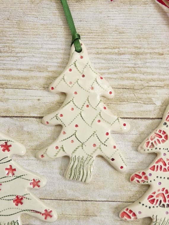 Ceramic Christmas Tree Ornament Set of Three Handmade Holiday