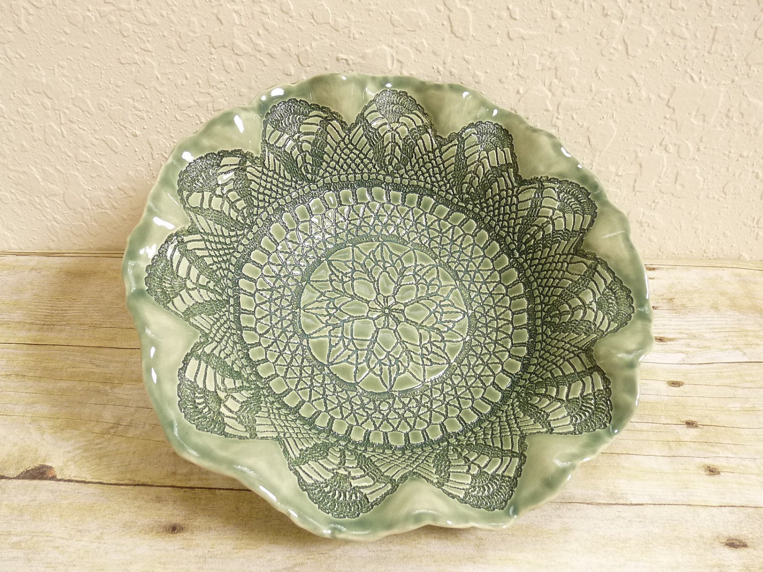 Ceramic Bowl with Lace Doily Beautiful Green Handcrafted