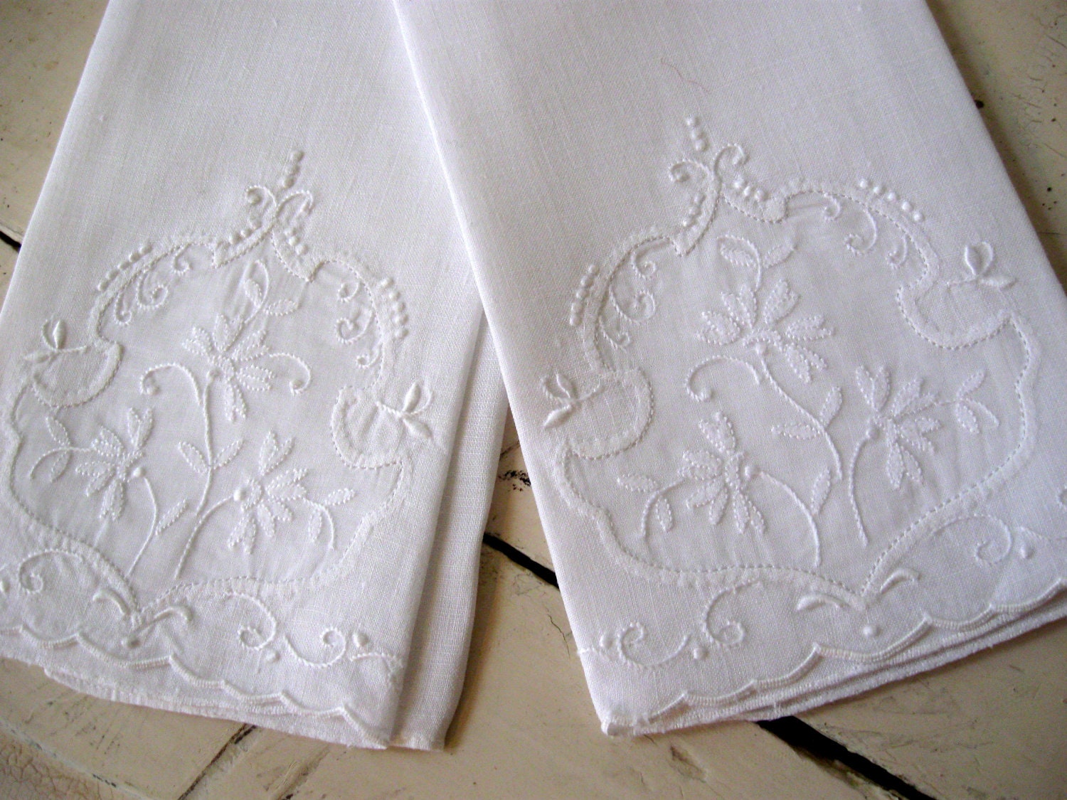 Embroidered Linen Tea Towels Set of 2 White by Somethingcharming