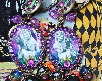 Lilygrace Purple Vintage Circus Cameo Earrings Tiger Girl with Vintage Rhinestones