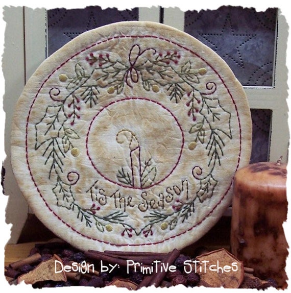 Tis The Season Candle Mat by Primitive Stitches-Primitive Stitchery E-Pattern--Instant Download