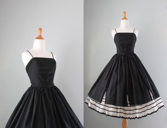 1950s Dress / 50s Corset Laced Black Dress / by HolliePoint