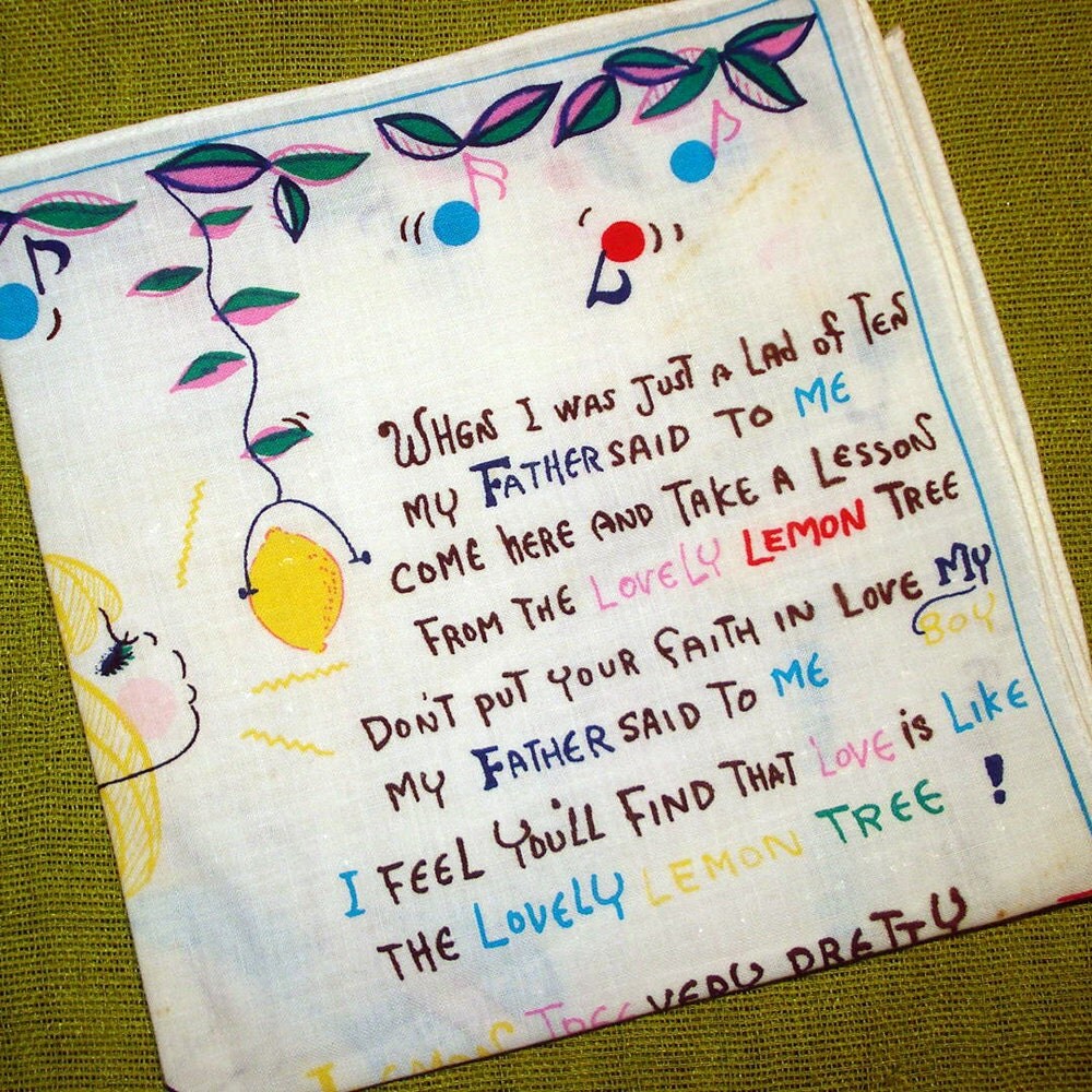 Vintage HANKIE Lemon Tree Song Lyrics Peter Paul and Mary