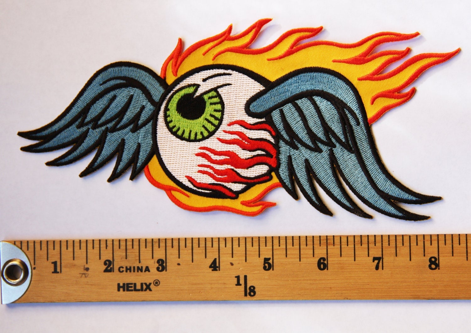 Large Von Dutch style Flying Eyeball with flames embroidered