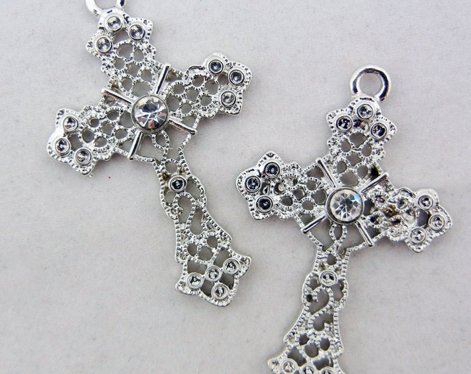 Pair of Silver-tone Filigree Cross Charms with Rhinestone Focal