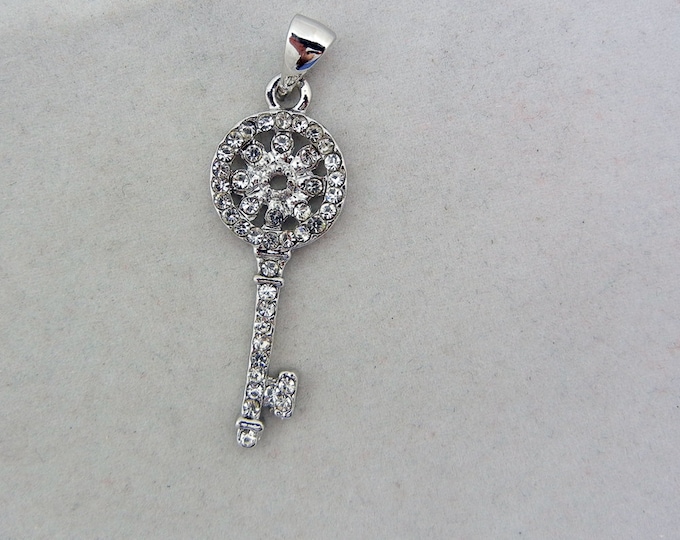 Small Rhinestone Encrusted Skeleton Key with Round Flower Top Pendant