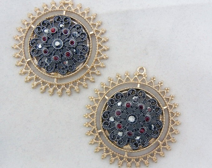 Pair of Two-tone Round Sun or Flower Red Rhinestone Accented Charms