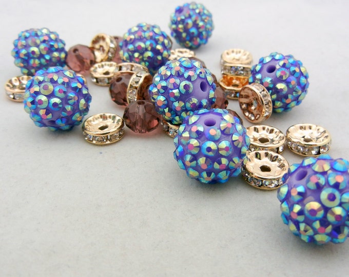 Set of Mixed Beads Iridescent Blue and Purple and Gold-tone