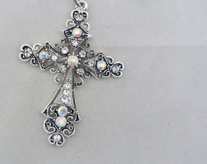 Filigree Antique Silver-tone Cross Pendant AB Rhinestone Accents