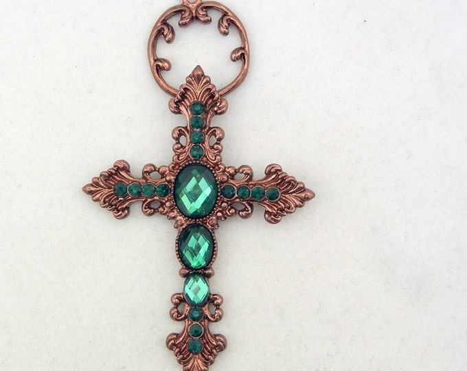 Copper-tone Cross with Emerald Green Rhinestones and Acrylic Faceted Gems