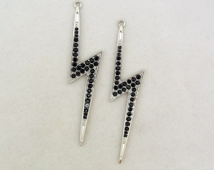 Pair of Z-shaped Lightning Bolt Charms Black Rhinestones Silver-tone