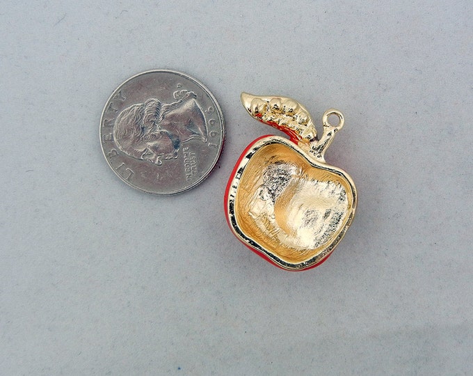 Gold-tone Red Epoxy Apple Pendant Rhinestone Bite