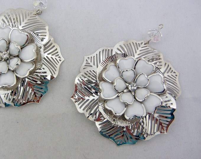 Pair of Large Dimensional Silver-tone Filigree Flower Charms