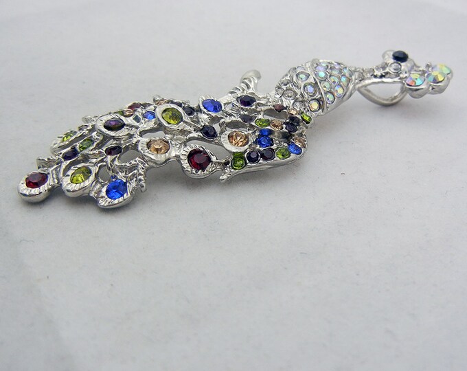 Silver-tone Peacock Pendant with Multi Color Rhinestones