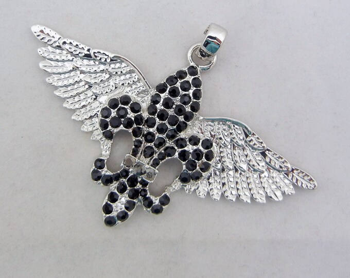 Black Rhinestone Fleur de Lis with Wings Pendant Silver-tone