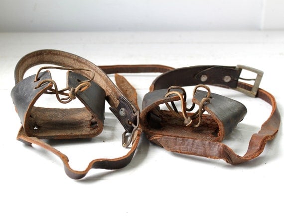 antique leather snowshoe bindings / 1920s vintage snow shoe