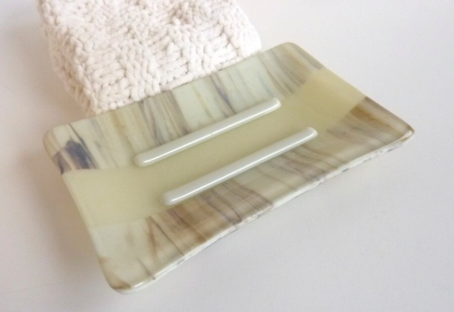 Large Glass Soap Dish in French Vanilla and Brown