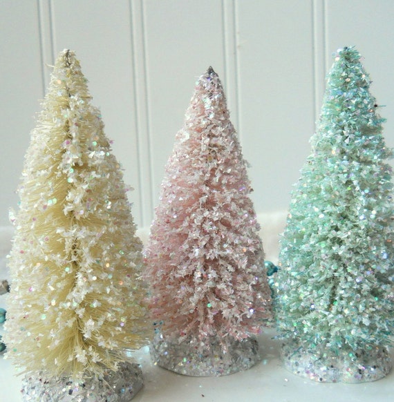 3 Vintage style Bottle Brush Christmas trees cream aqua pale