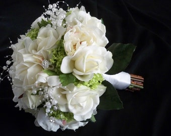 10 Piece Cream/white Silk peonies and Realtouch Rose Bridal Bouquet and Boutonniere Package