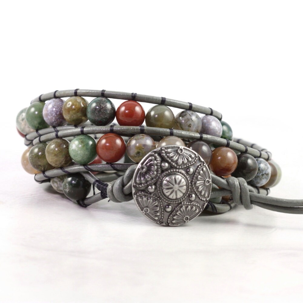 Gemstone Bracelet Leather Wrap Bracelet Gray Leather Jewelry