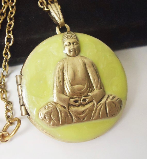 Yellow Vintage Buddha Locket Necklace Brass by RotsinaCreations