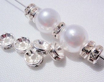 12 (8mm) Clear AAA Rhinestone Spacer Beads, Jewelry making Bead Supply, Silver Plated Brass , 8mm Diameter