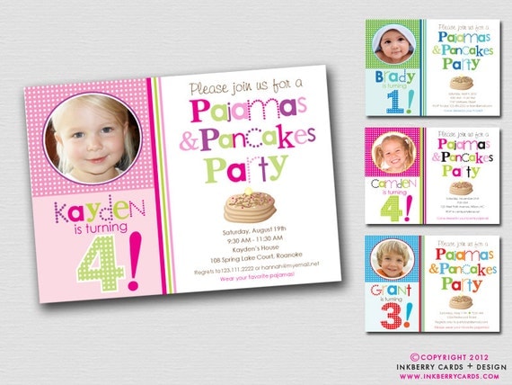 Pancakes and Pajamas Birthday Party Photo Invitation (Digital File - Printed Cards Also Available) Il_570xn