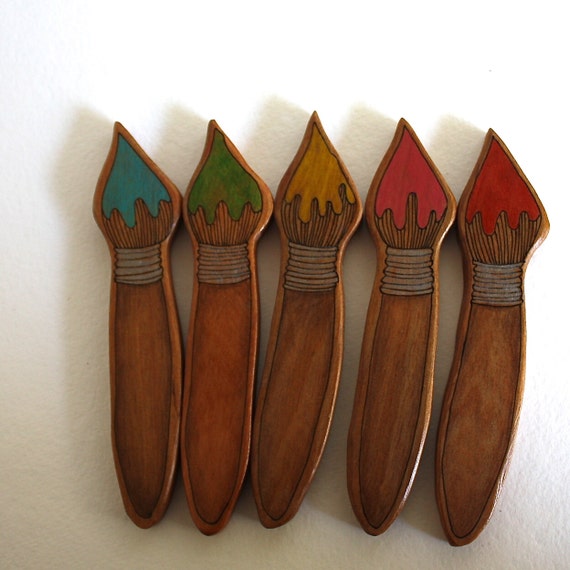 Illustrated Paint Brush Wood Brooch Repurposed Timber Wood