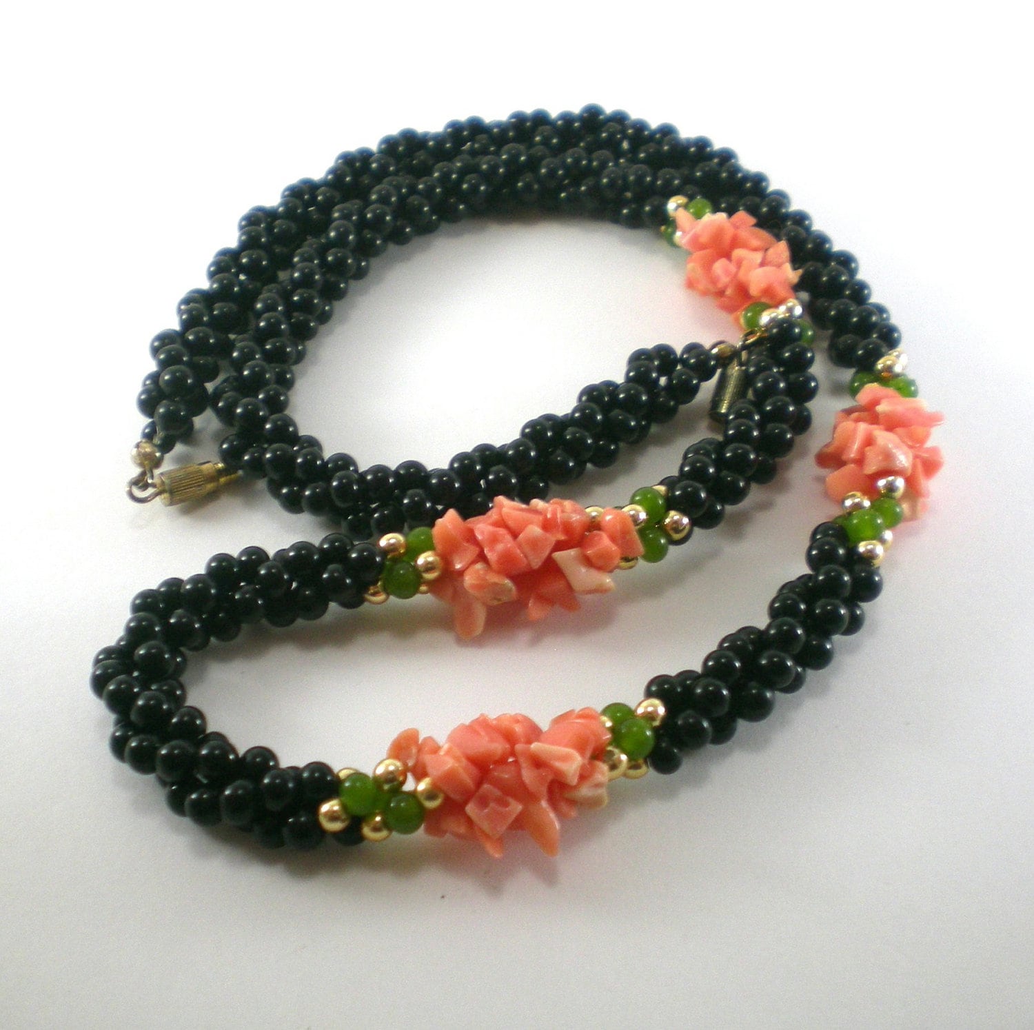 Coral Jade Onyx Necklace Gemstone Necklace Vintage Jewelry