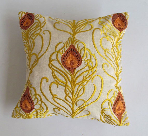 cream decorative peacock pillow cover with brown and golden