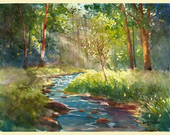 watercolor Painting landscape painting Creek PRINT Sunset tree